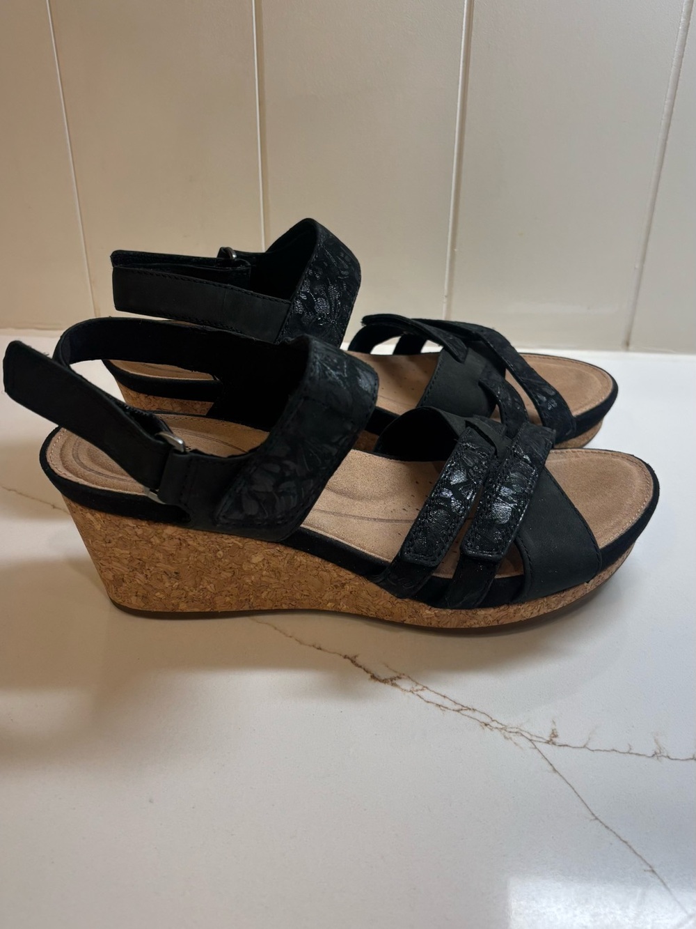 Clarks Black Strappy Cork Wedge Sandals